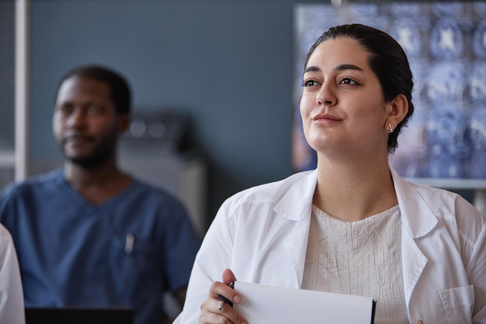Female healthcare worker listening to colleagues during a therapy session for addiction treatment in Nashville, TN.