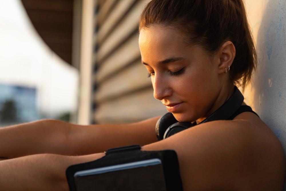 Woman sitting outdoors while exploring physical fitness and relapse prevention during addiction recovery.